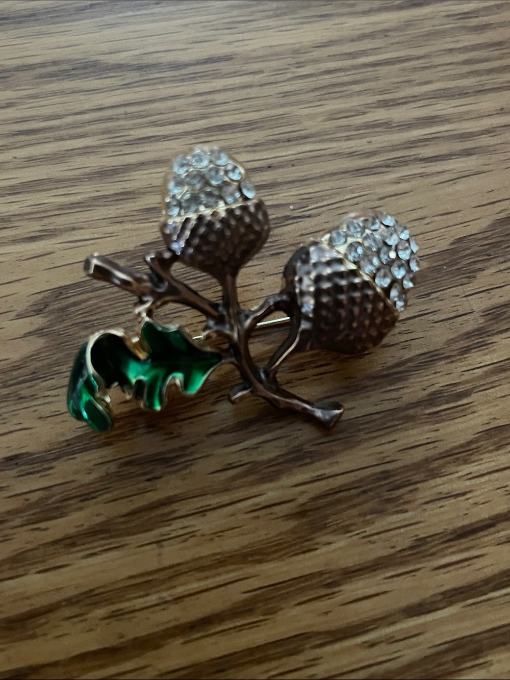 Crystal Acorn Branch Brooch/Pin in Green and Gold